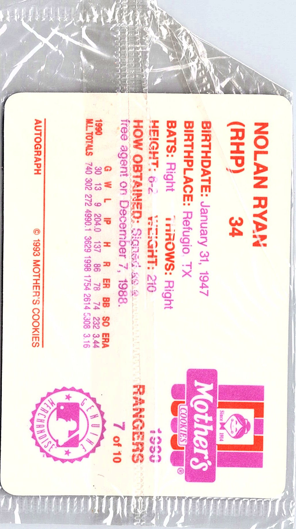 1990 Mother's Cookies Texas Rangers #2 Nolan Ryan