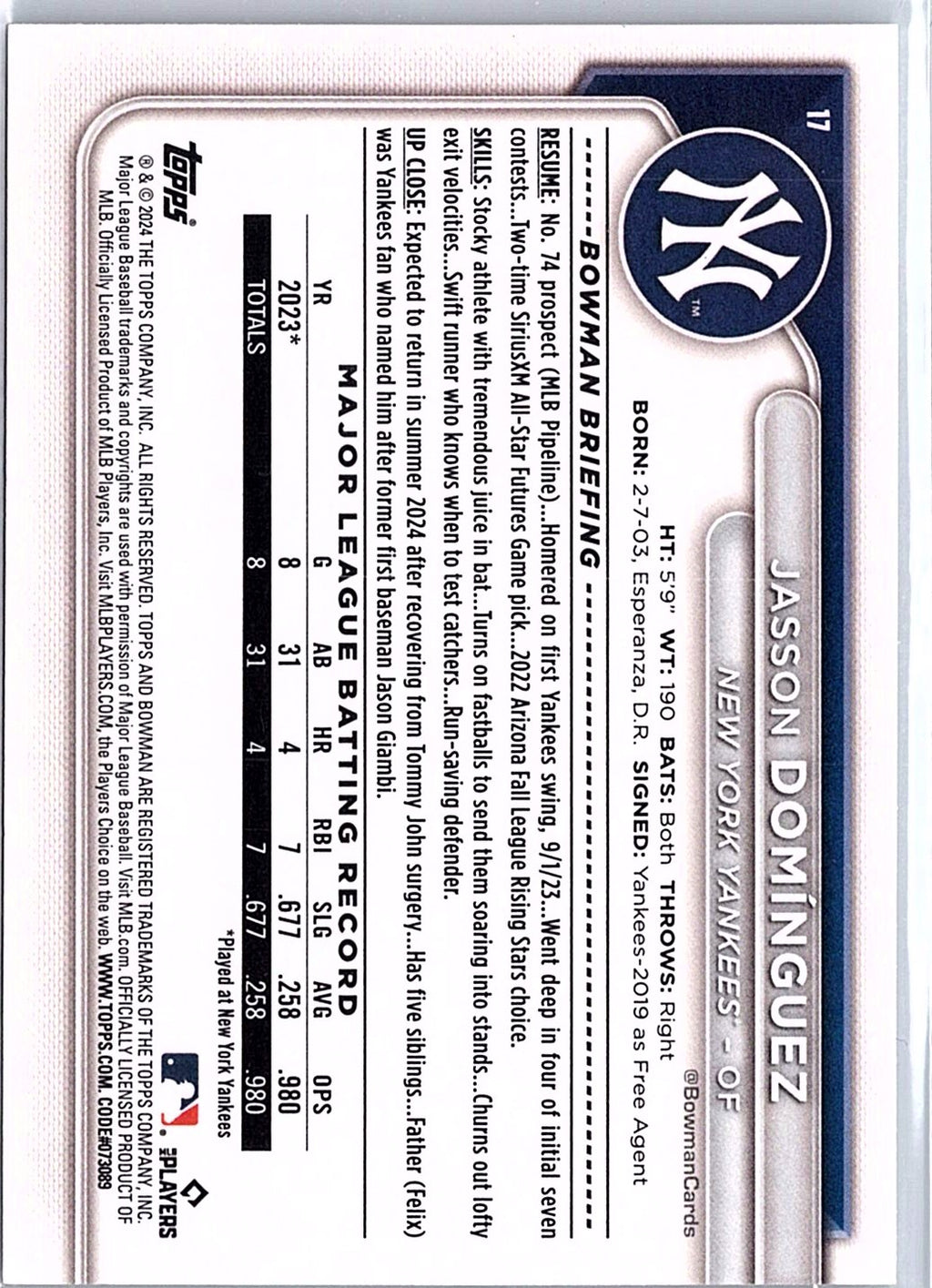 2024 Bowman #17 Jasson Dominguez
