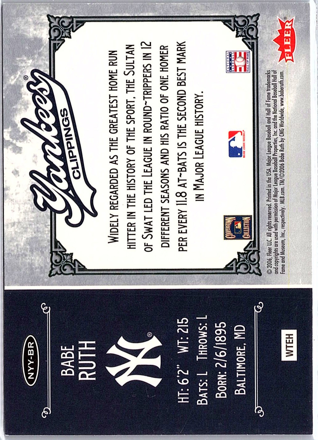 2006 Fleer Greats of the Game #NYY-BR Babe Ruth Yankee Clippings