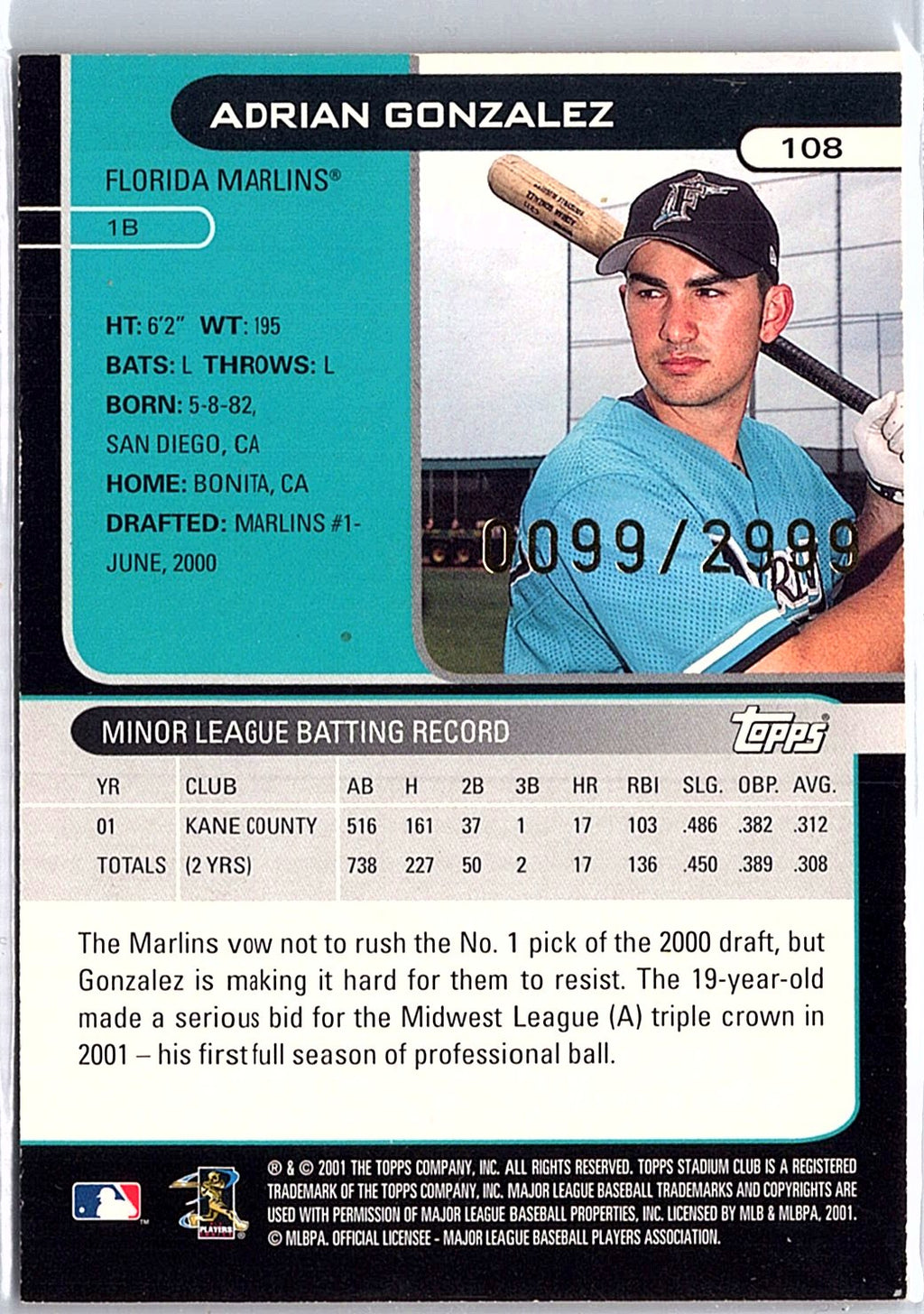 2002 Stadium Club #108 Adrian Gonzalez #/2999