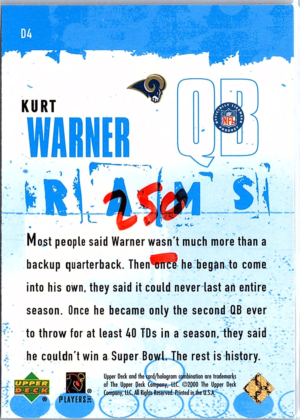 2000 Upper Deck Black Diamond #D4 Kurt Warner Diamonation