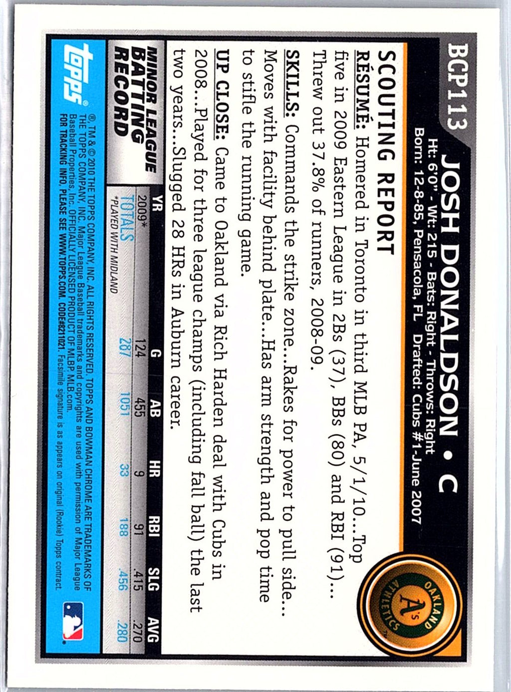 2010 Bowman Chrome #BCP113 Josh Donaldson Prospects
