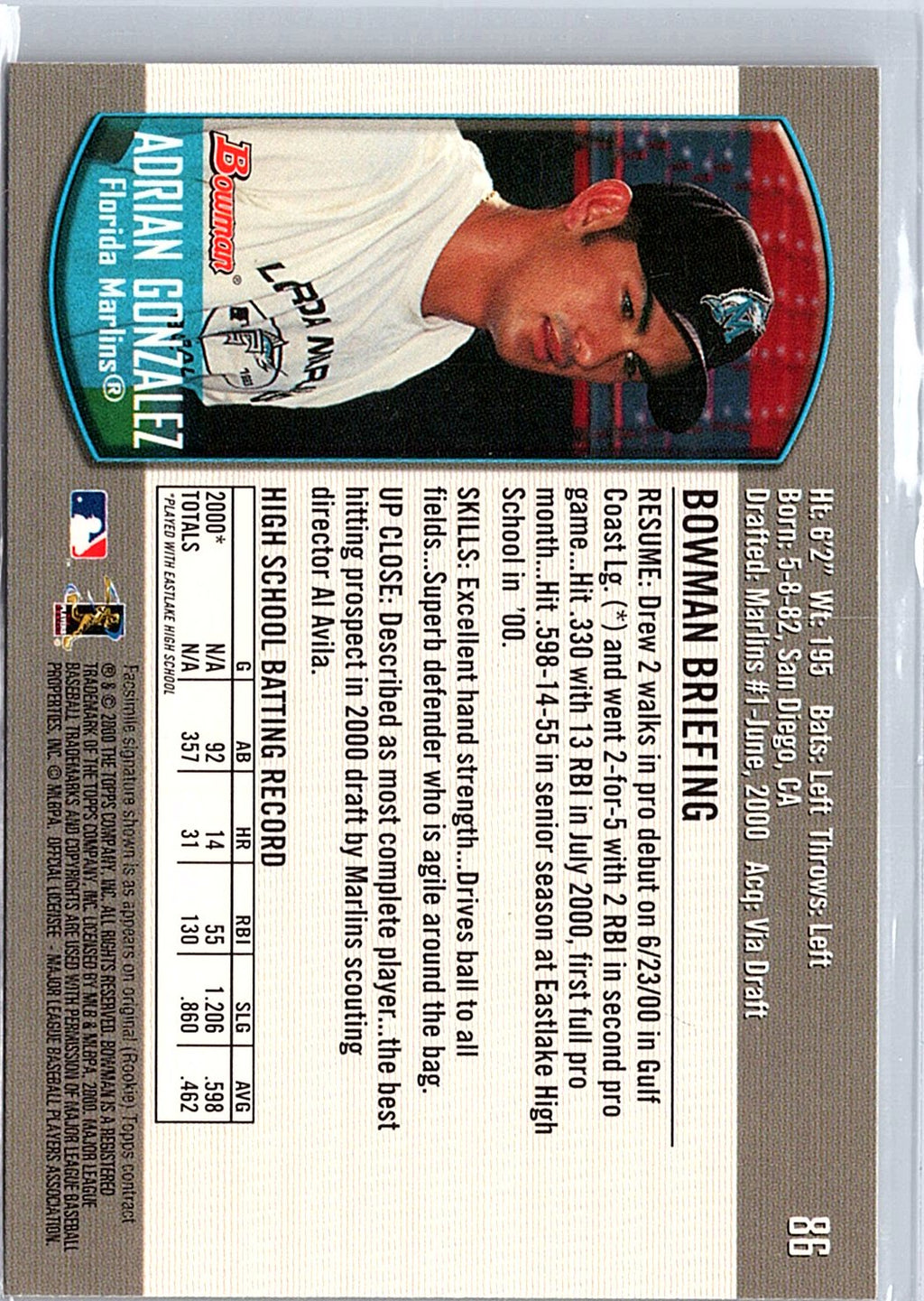 2000 Bowman Draft Picks & Prospects #86 Adrian Gonzalez