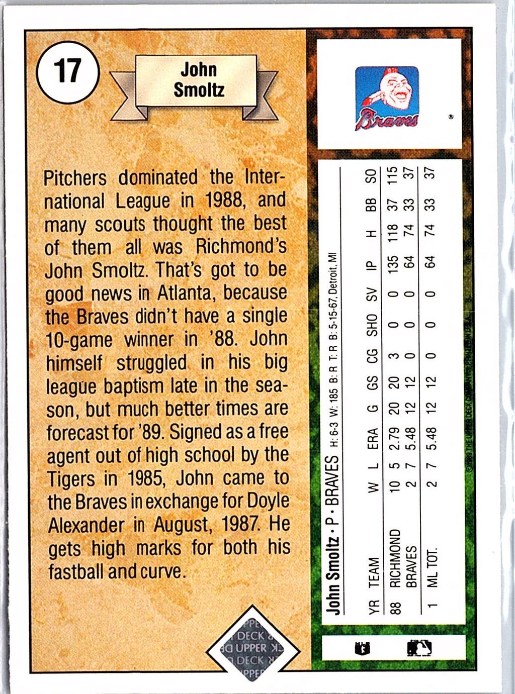 1989 Upper Deck #17 John Smoltz