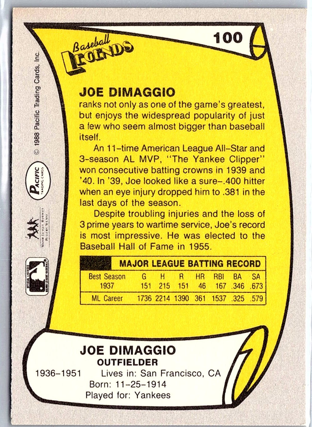 1988 Pacific Legends I #100 Joe DiMaggio