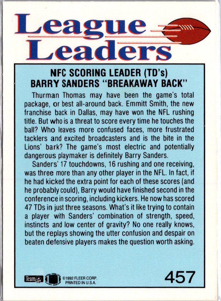 1992 Fleer #457 Barry Sanders A1