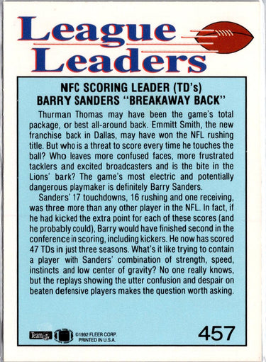 1992 Fleer #457 Barry Sanders A1