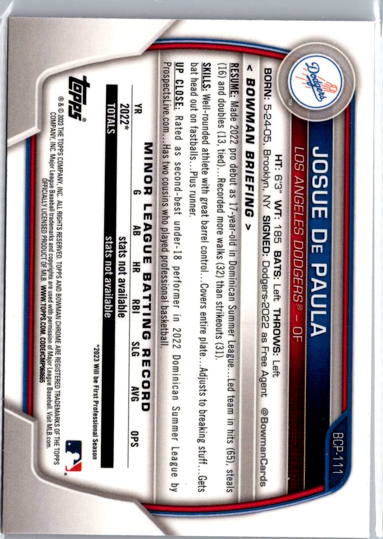 2023 Bowman #BCP-111 Josue De Paula Chrome Prospects A3