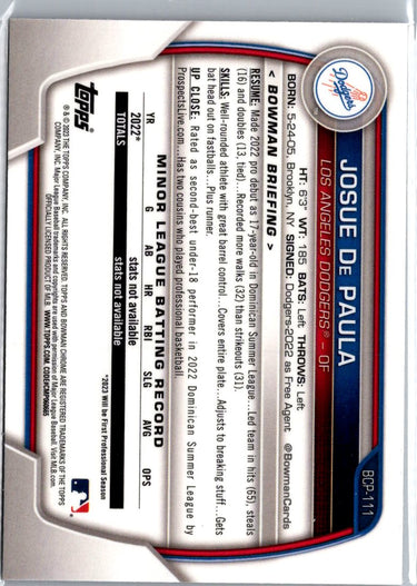 2023 Bowman #BCP-111 Josue De Paula Chrome Prospects A3