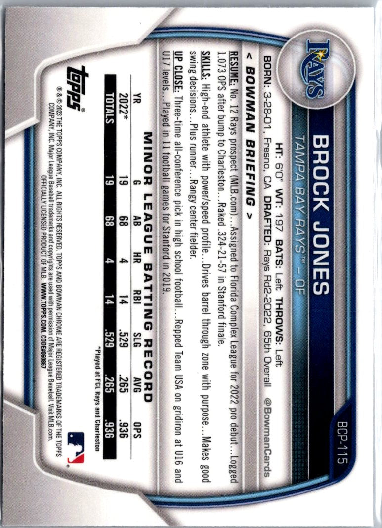 2023 Bowman #BCP-115 Brock Jones Chrome Prospects Mojo Navy Refractors #/175 A3