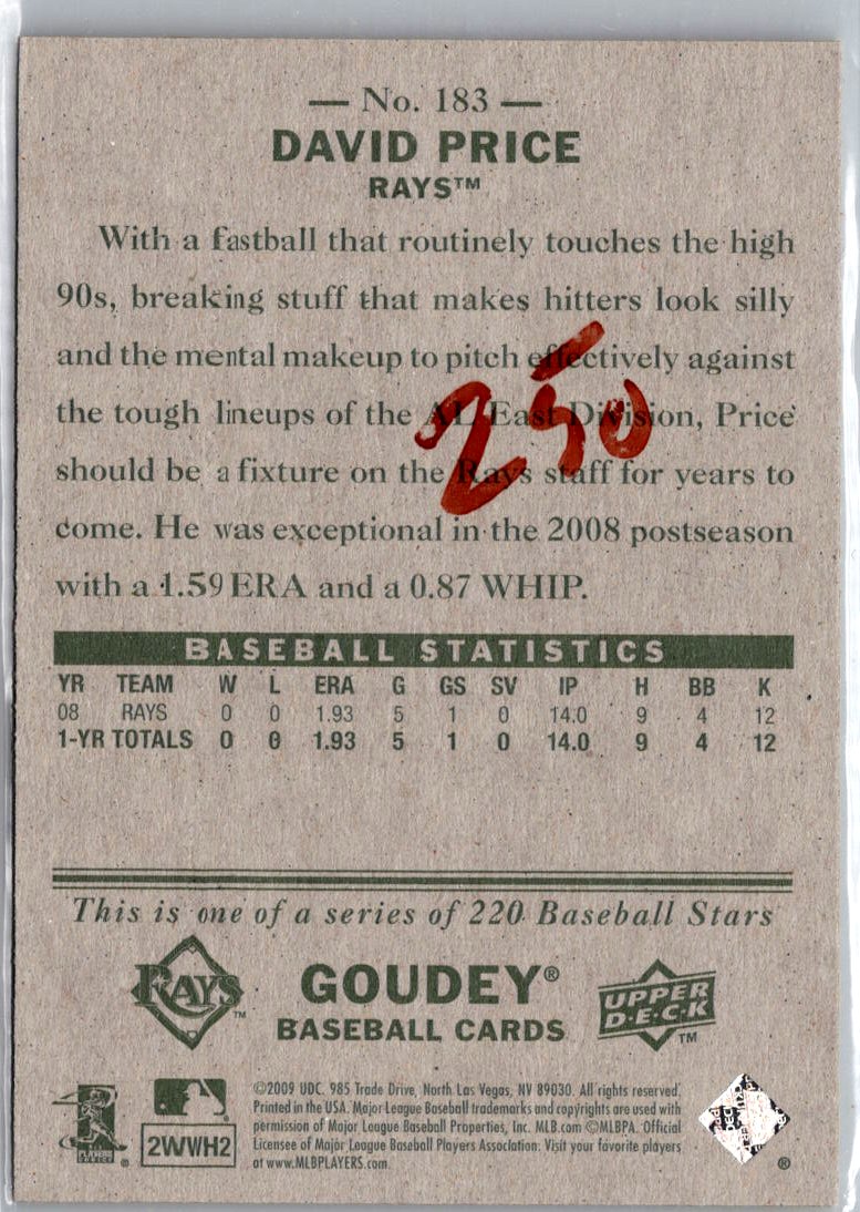 2009 Upper Deck Goudey #183 David Price A3
