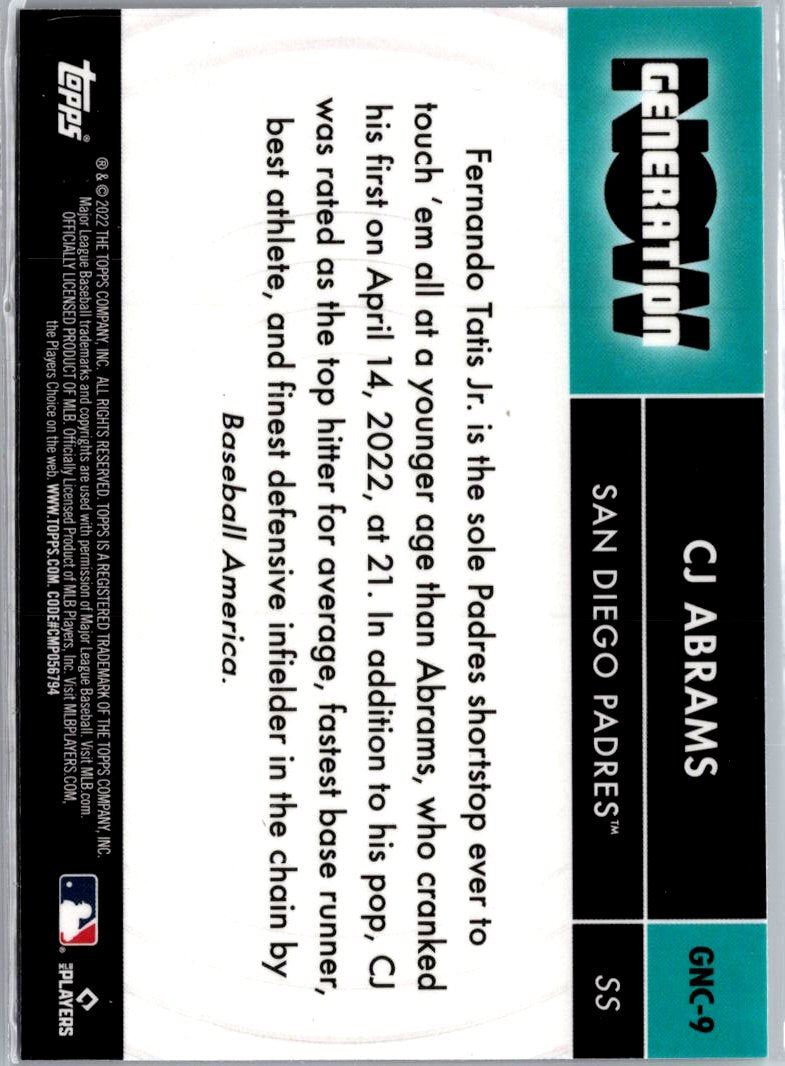 2022 Topps Chrome Update #GNC-9 CJ Abrams Generation Now Chrome A3