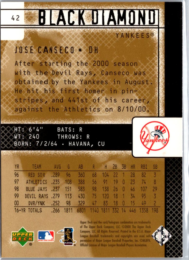 2000 Upper Deck Black Diamond Rookie Edition #42 Jose Canseco A4