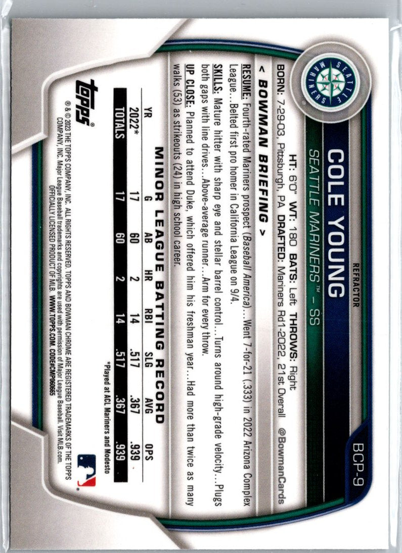 2023 Bowman #BP-9 Cole Young lunar refractor A7