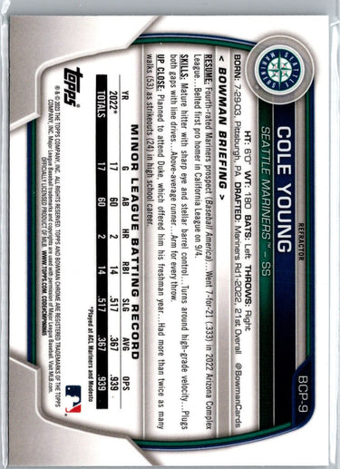 2023 Bowman #BP-9 Cole Young lunar refractor A7