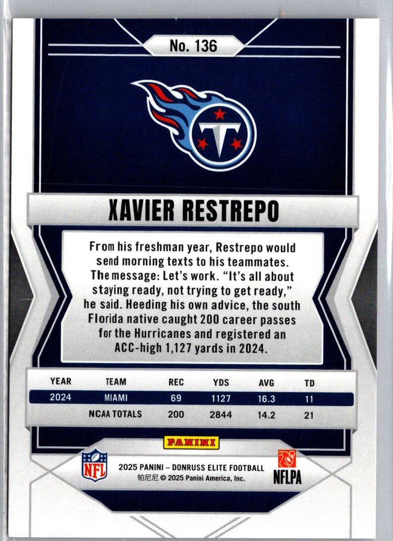 2025 Donruss Elite #136 Xavier Restrepo Status Metallic Orange #/849 A12