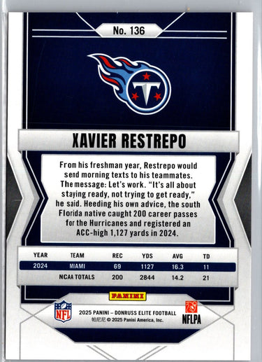 2025 Donruss Elite #136 Xavier Restrepo Status Metallic Orange #/849 A12