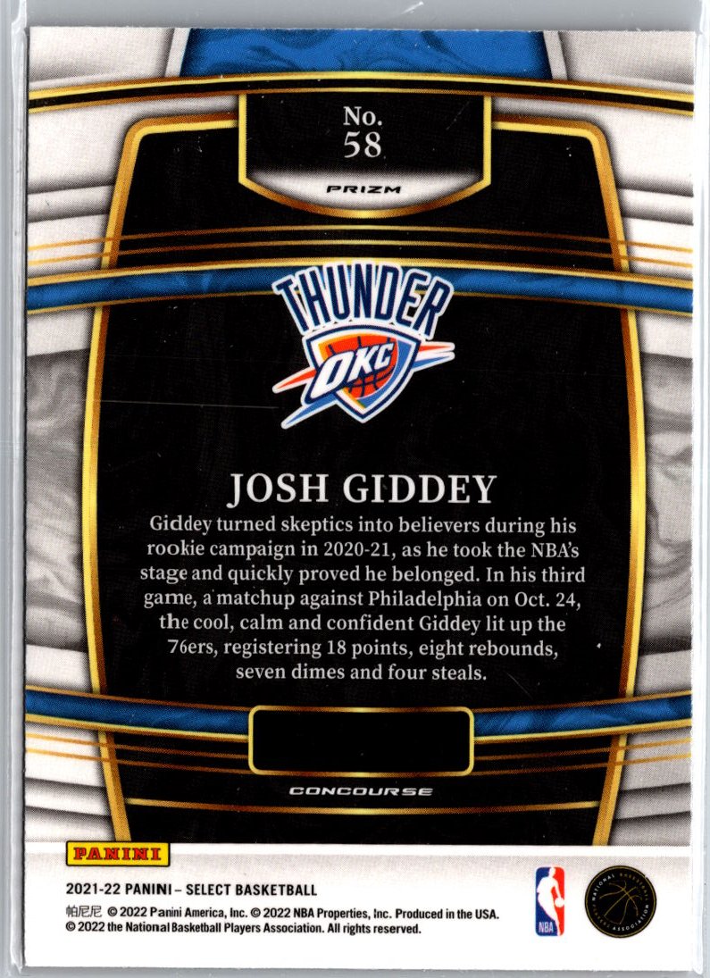 2021-22 Panini Select #58 Josh Giddey Orange Flash Prizms A12