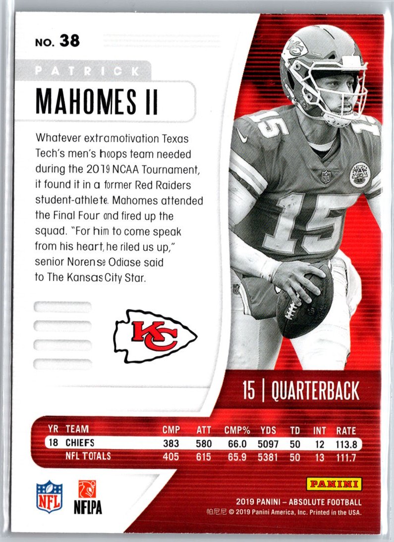 2019 Panini Absolute #38 Patrick Mahomes II A13