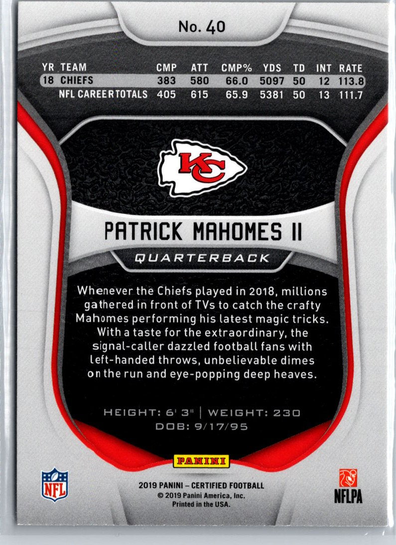 2019 Panini Certified #40 Patrick Mahomes II A13