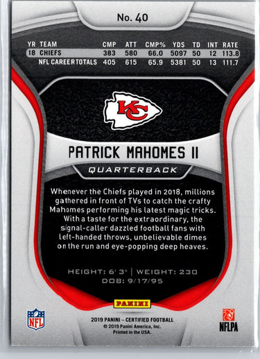 2019 Panini Certified #40 Patrick Mahomes II A13