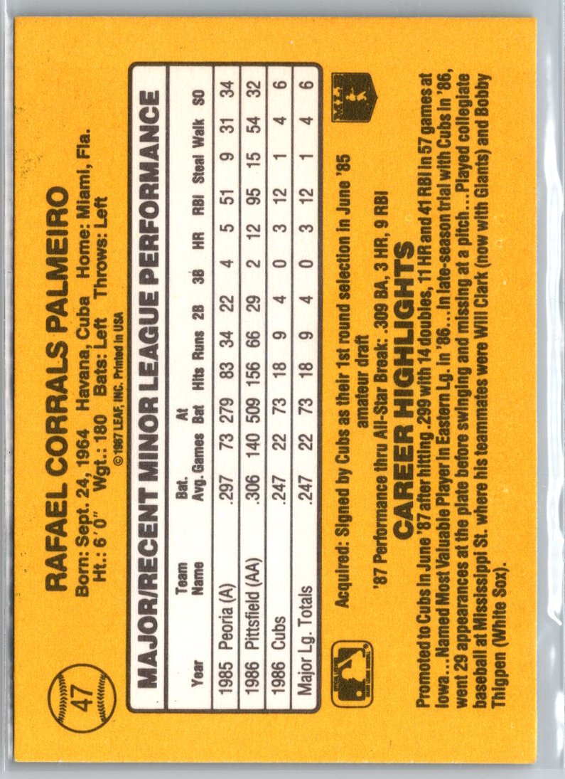 1987 Donruss The Rookies #47 Rafael Palmeiro A13