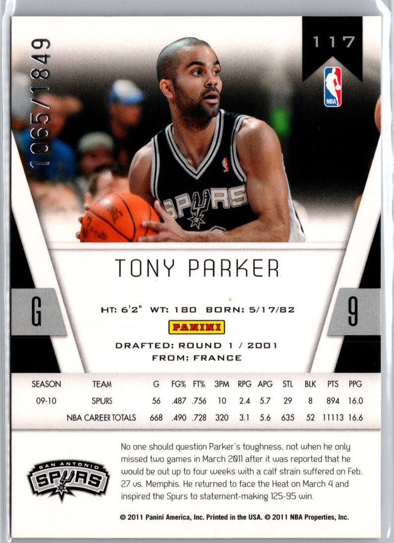 2010-11 Panini Totally Certified #117 Tony Parker #/1849 A16