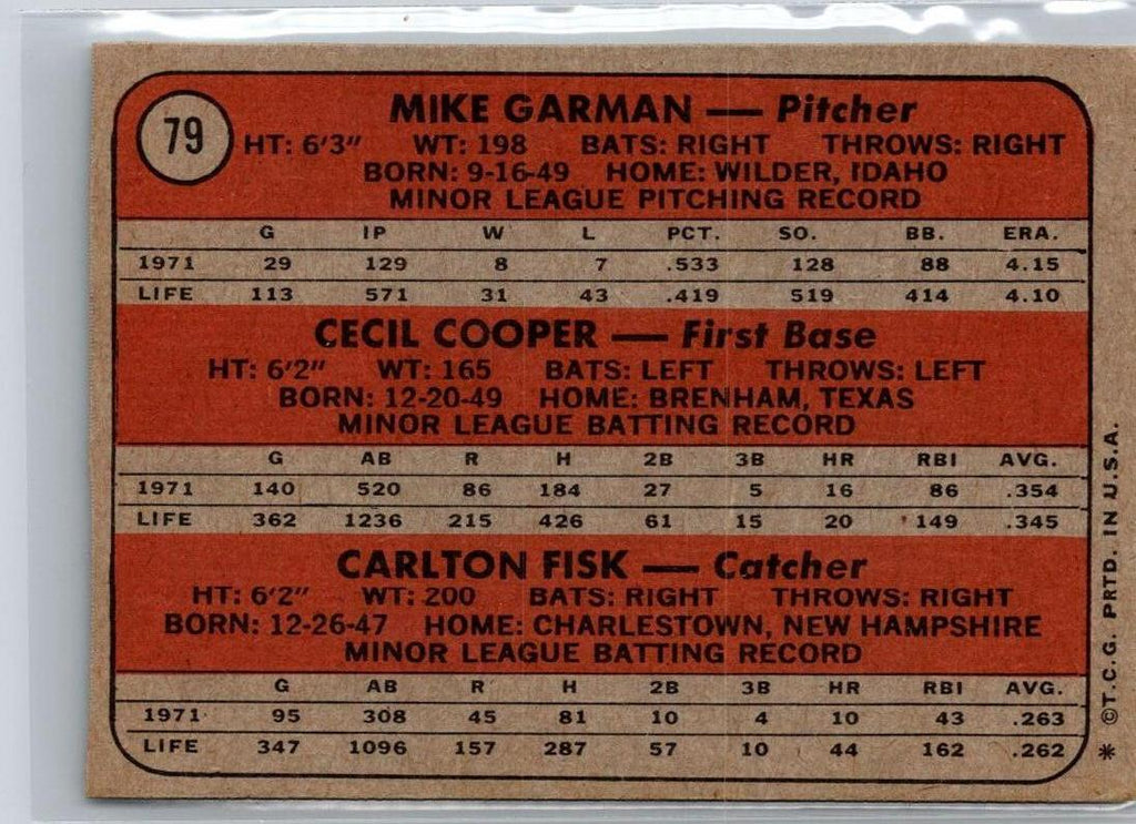 1972 Topps #79 Red Sox  (Mike Garman / Cecil Cooper / Carlton Fisk) RS, RC A16