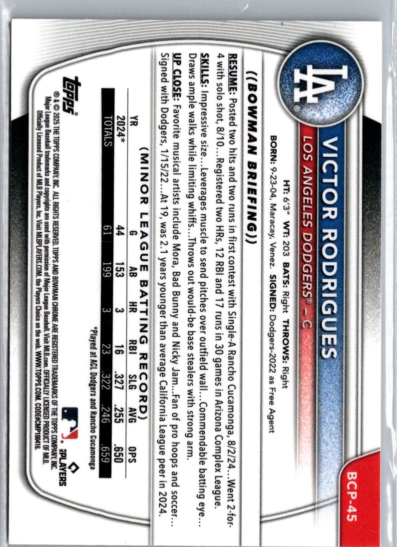 2025 Bowman #BCP-45 Victor Rodrigues Chrome Prospects Reptilian Refractor A16