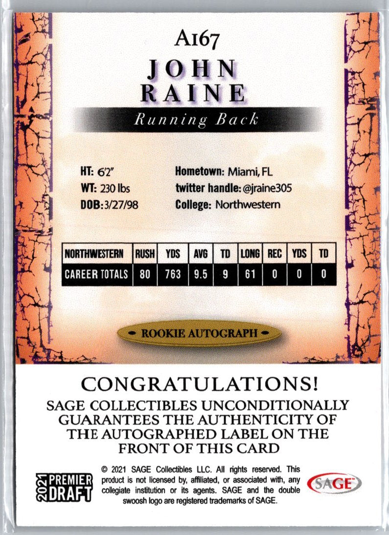 2021 SAGE Premier Draft #A167 John Raine Autographs Black A17