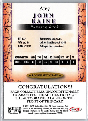 2021 SAGE Premier Draft #A167 John Raine Autographs Black A17