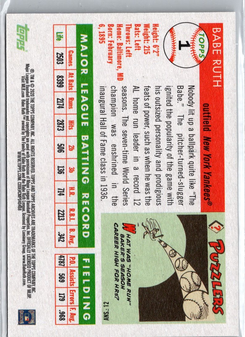 2020 Topps Archives #1 Babe Ruth Silver #/99 A18