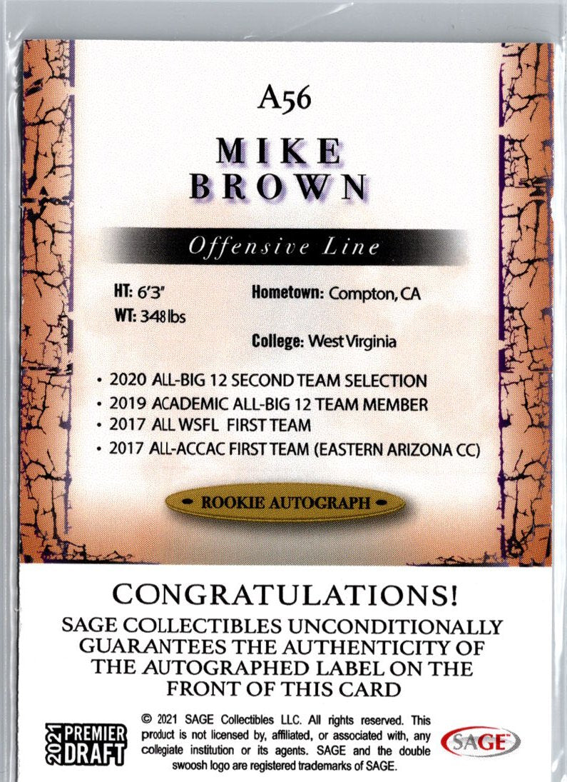 2021 SAGE Premier Draft #A56 Mike Brown Autographs Black A23
