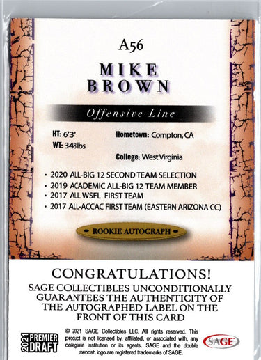 2021 SAGE Premier Draft #A56 Mike Brown Autographs Black A23