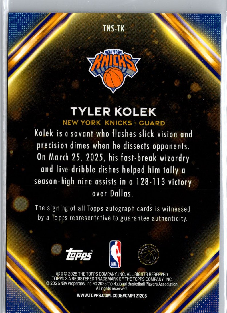 2025-26 Topps  Tyler Kolek Notch Signatures Green Holo Foil #/99 A23