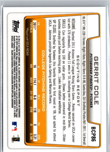 2012 Bowman #BCP86 Gerrit Cole Chrome Prospect Blue Refractors A23