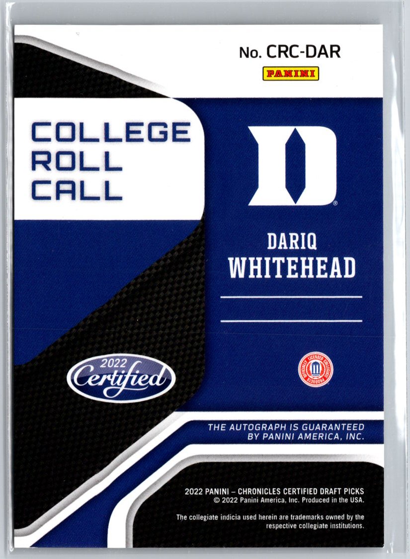 2022 Chronicles Draft Picks Dariq Whitehead College Roll Call Auto Red #/99 A24