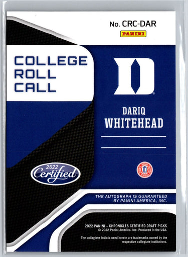 2022 Chronicles Draft Picks Dariq Whitehead College Roll Call Auto Red #/99 A24