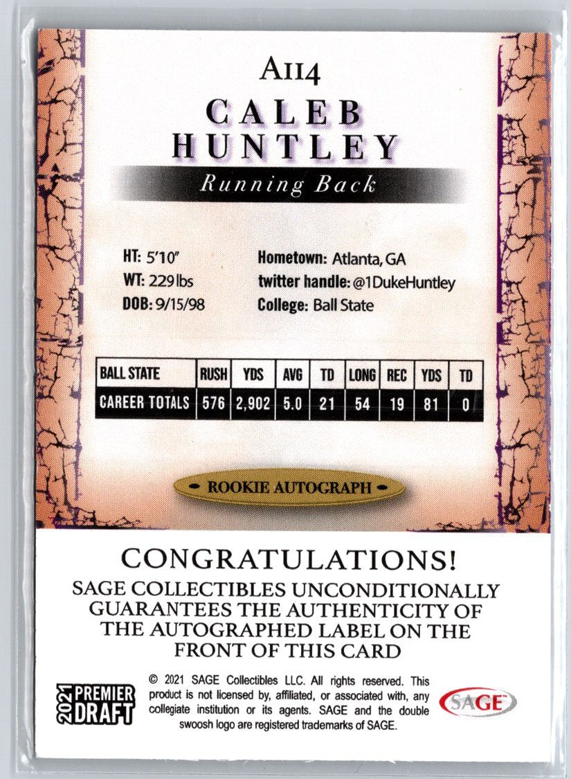 2021 SAGE Premier Draft #A114 Caleb Huntley Autographs Black A26