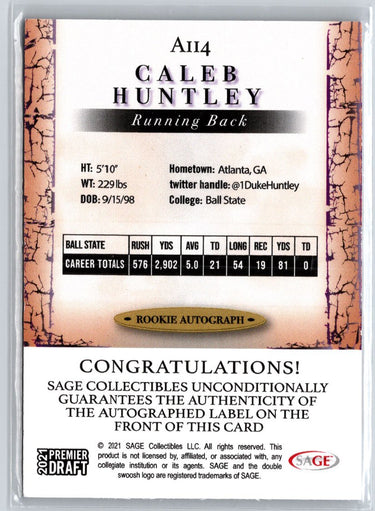 2021 SAGE Premier Draft #A114 Caleb Huntley Autographs Black A26