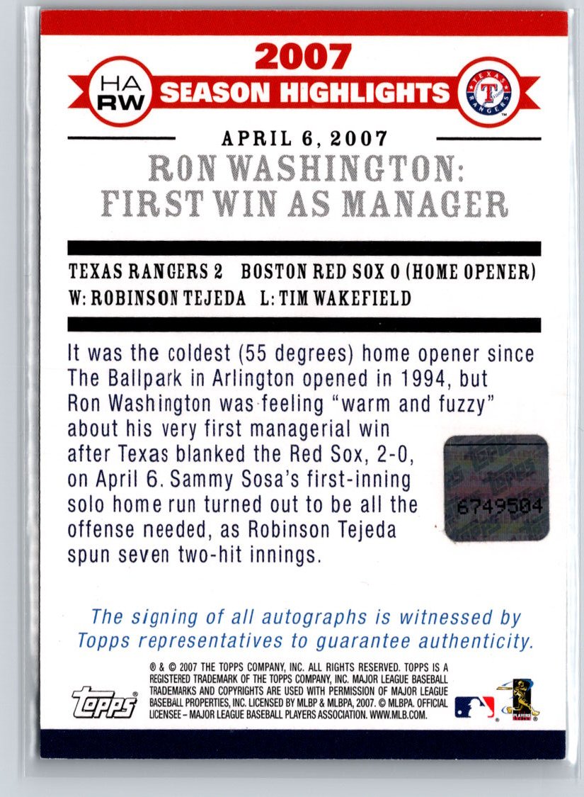 2007 Topps Updates & Highlights Ron Washington Auto A27