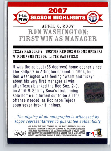 2007 Topps Updates & Highlights Ron Washington Auto A27