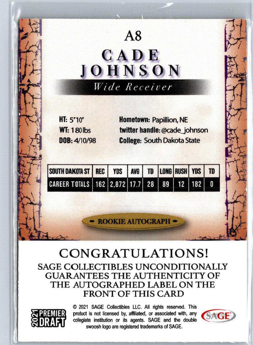 2021 SAGE Premier Draft #A8 Cade Johnson Autographs Black A27