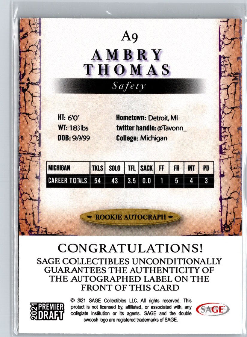 2021 SAGE Premier Draft #A9 Ambry Thomas Autographs Black A27