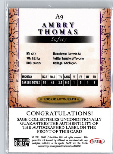 2021 SAGE Premier Draft #A9 Ambry Thomas Autographs Black A27