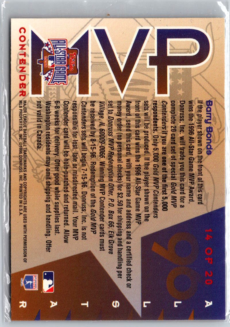 1996 Leaf #14 Barry Bonds All-Star Game MVP Contenders A29