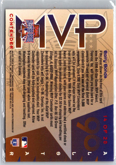 1996 Leaf #14 Barry Bonds All-Star Game MVP Contenders A29
