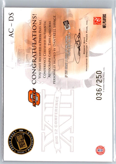 2008 Press Pass SE #GG-DS Dantrell Savage Gridiron Graphs Gold A29