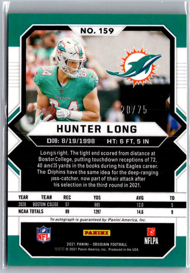 2021 Panini Obsidian #159 Hunter Long Electric Etch Orange #/75 A29