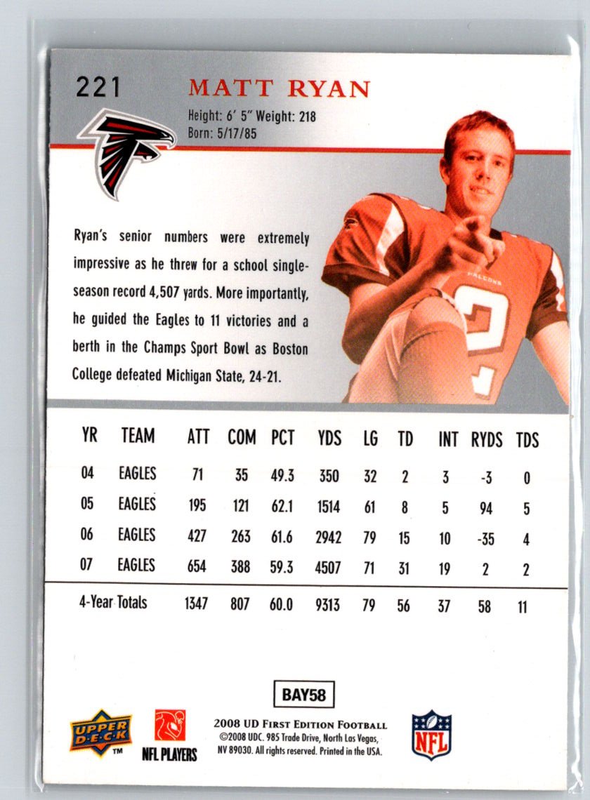 2008 Upper Deck First Edition #221 Matt Ryan C5